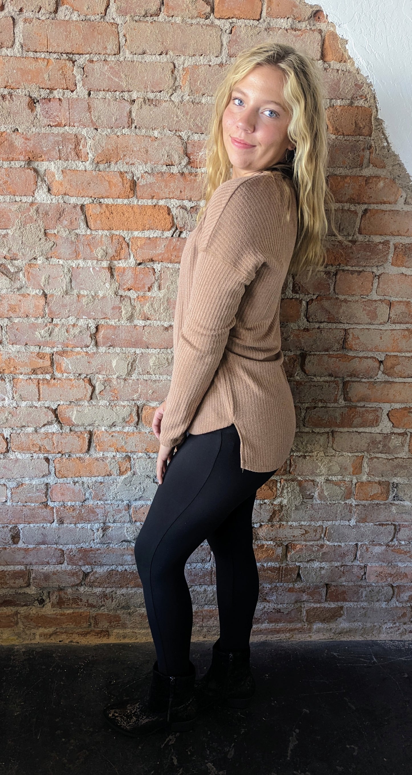 Mocha V-Neck Long Sleeve Top